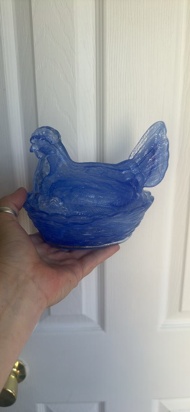 Med glass hen on nest cobalt blue